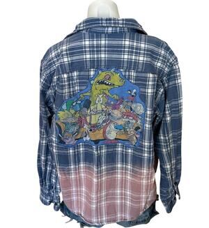 Nickelodeon 90s Cartoon Flannel Plaid Shirt LARGE Oversized Unique Ren Stimpy